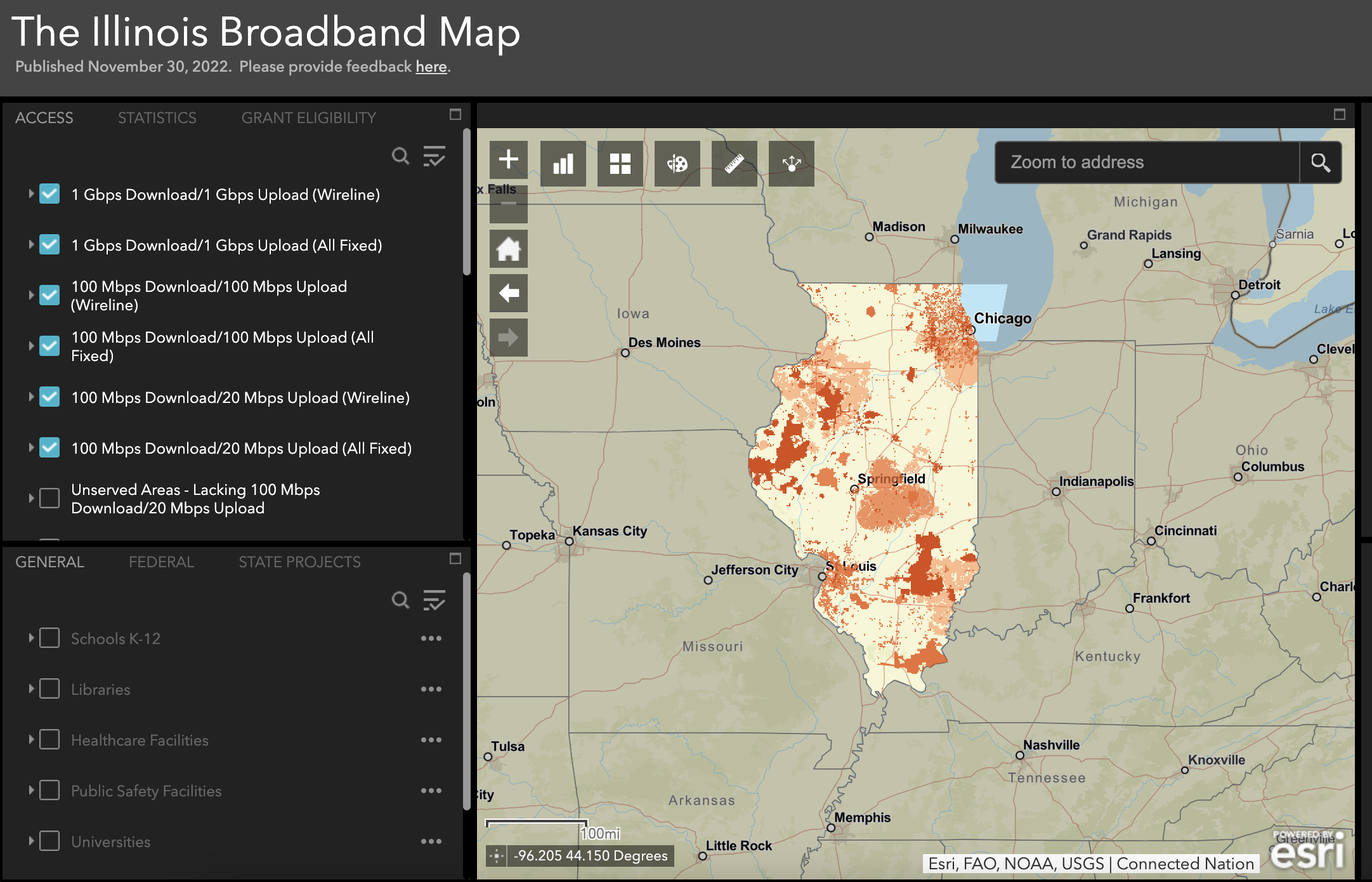 Map of broadband coverage in Illinois